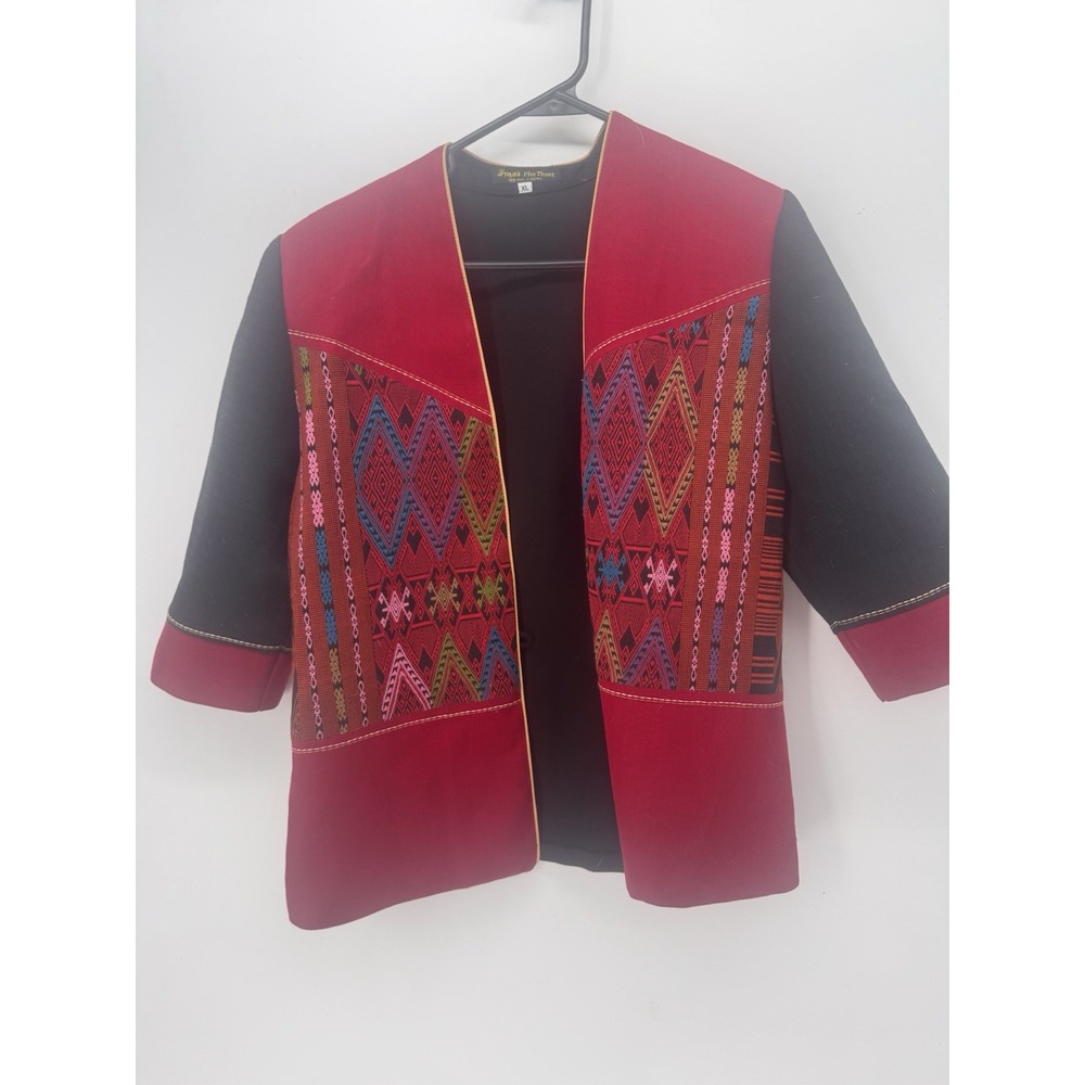"Pha Thong Thai Woven Tribal Ikat Jacket XL Black Red Open Front Boho 3/4 Sleeve